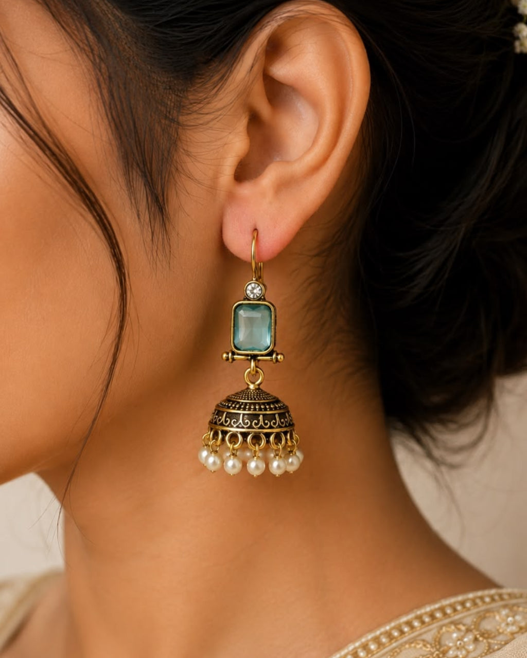 Oxidised Gold Jhumka Earrings with Amethyst Stone & Pearl Drops | LLB0179