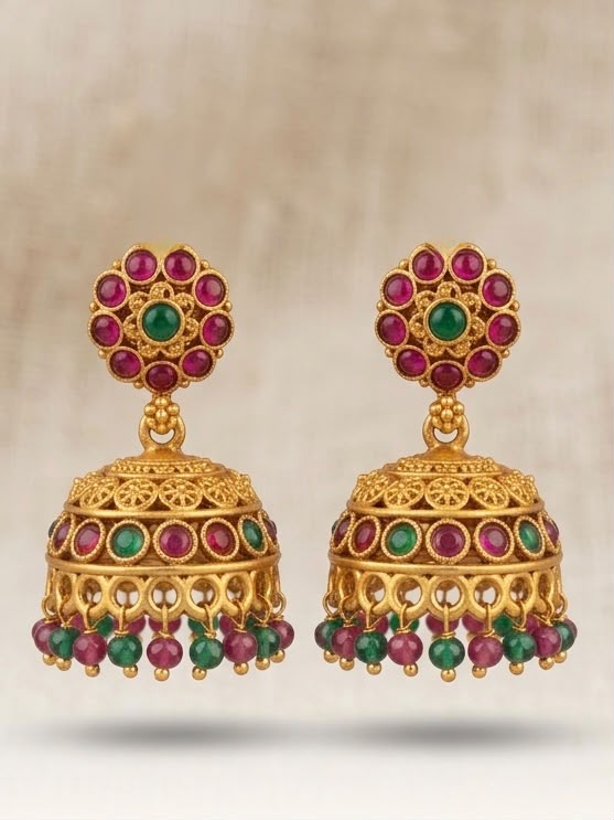 Antique Gold Ruby & Emerald Floral Jhumka Earrings | LLB0167
