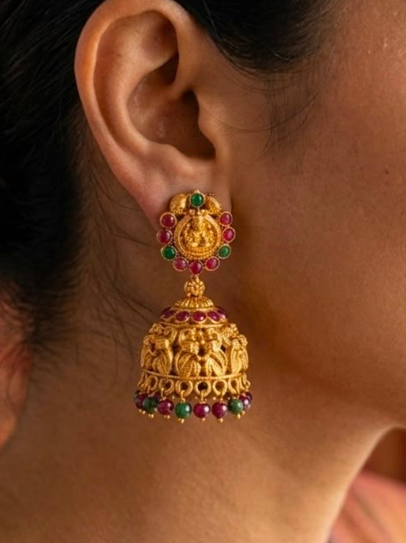 emple Lakshmi Nakshi Gold Jhumka Earrings with Ruby & Emerald | LLB0168