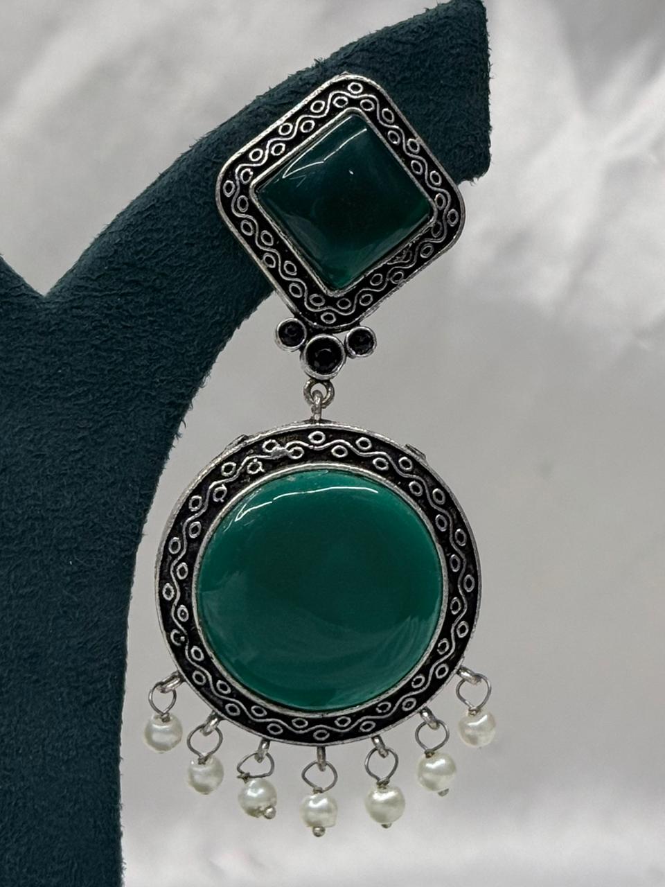Green Stone Oxidised Silver Statement Earrings,llb586