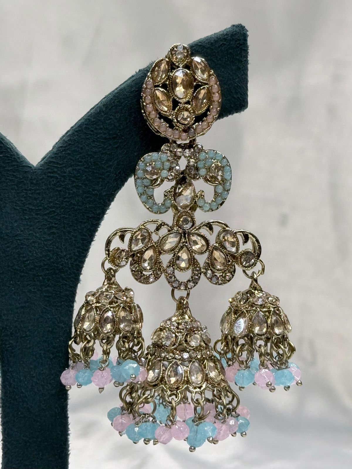 Gold Finish Kundan Jhumka Earrings with Pastel Bead Hangings,llb556
