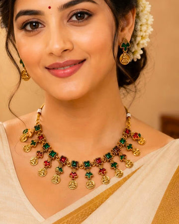 Antique Gold Lakshmi Coin Necklace Set | OL136