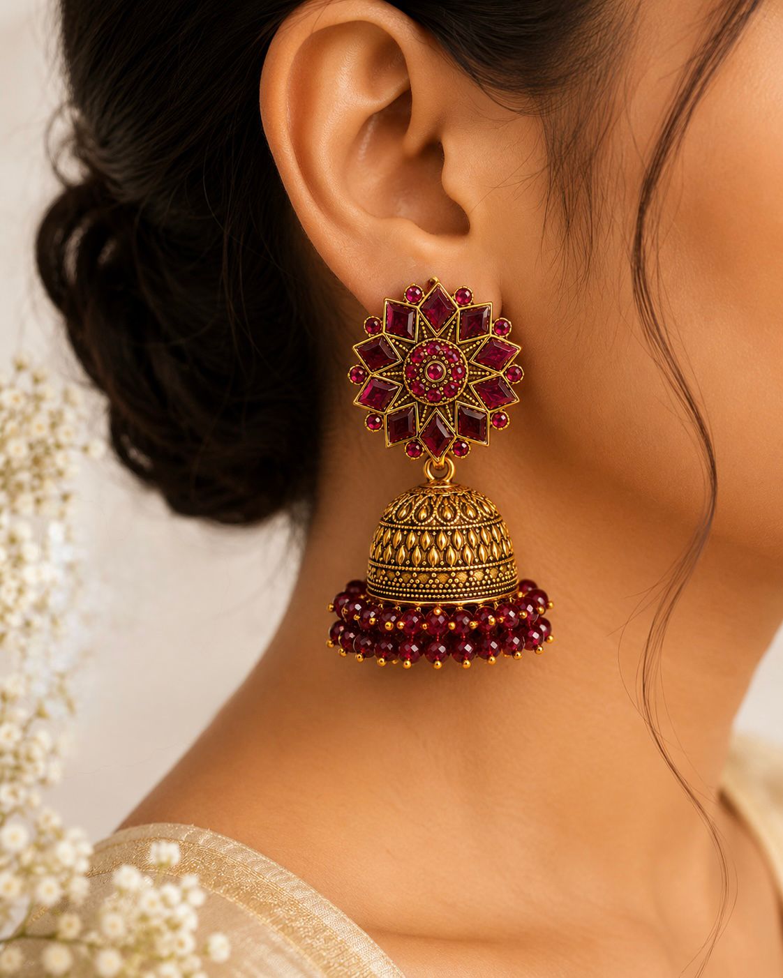 Antique Gold Jhumka Earrings | Ruby Kemp Stone & Maroon Bead Drops | llb0138