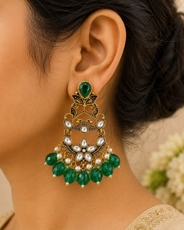 Kundan Emerald Green Peacock Chandbali Earrings | llb0158