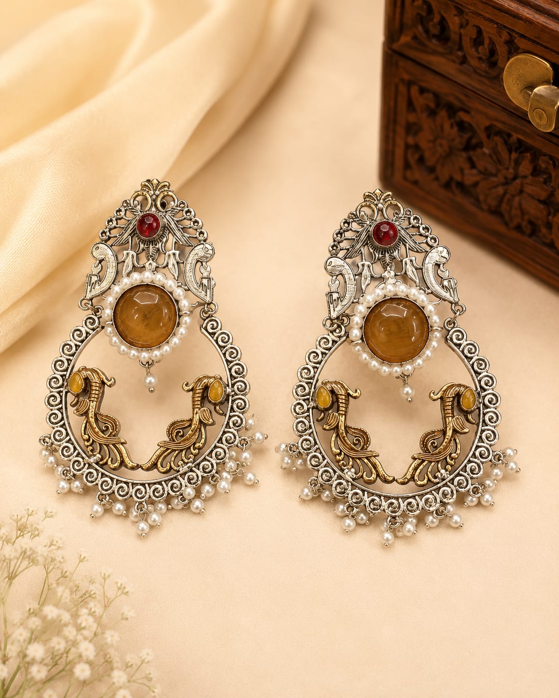 Oxidised Silver Dual-Tone Chandbali Earrings | OL245