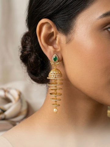 Gold CZ Spiral Ring Jhumka Earrings with Emerald Teardrop Stud & Pearl Drop | llb0132