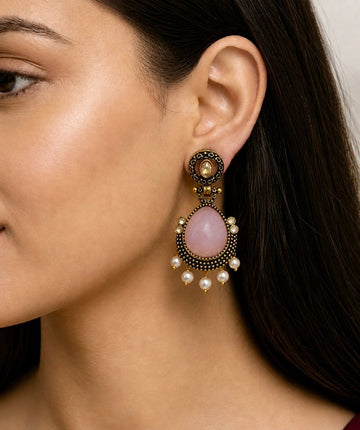 Pink Stone Antique Gold Drop Earrings with Pearl Dangles / llb018