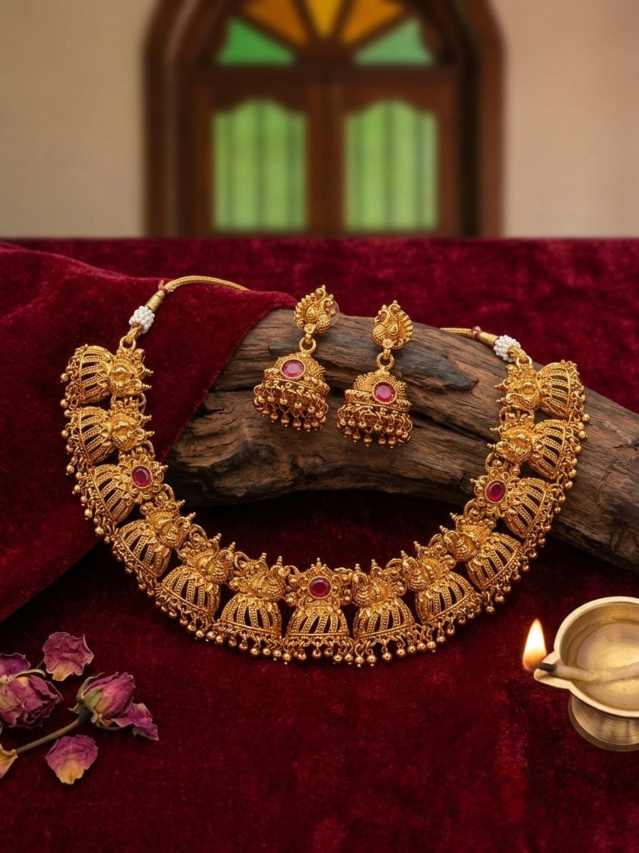 Antique Gold Jhumka Choker Necklace Set with Ruby Stones | OL171