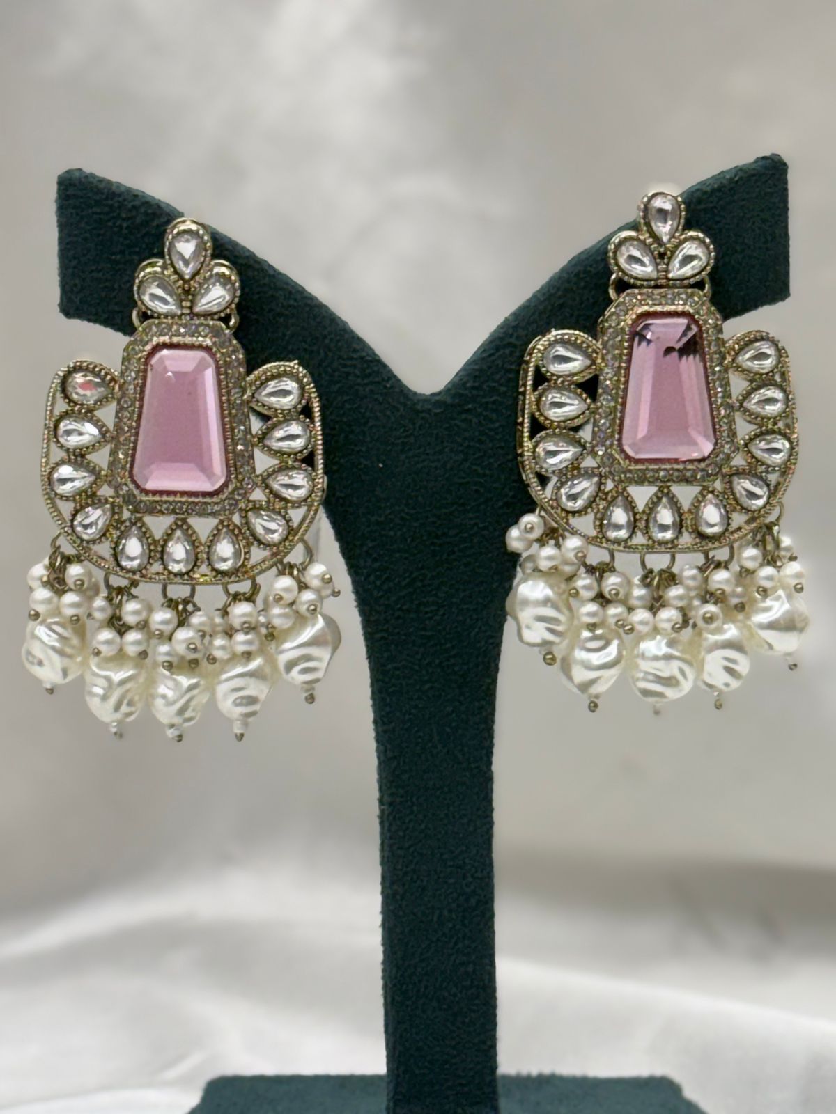 Ruby Pink Kundan Chandbali Earrings with Baroque Pearl Drops,llb629