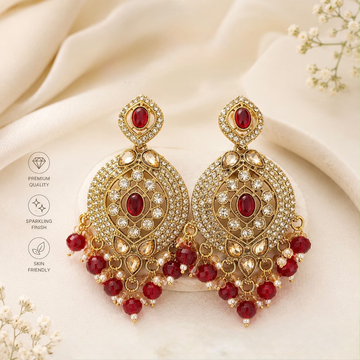 Red Kundan Chandbali Earrings | llb0145