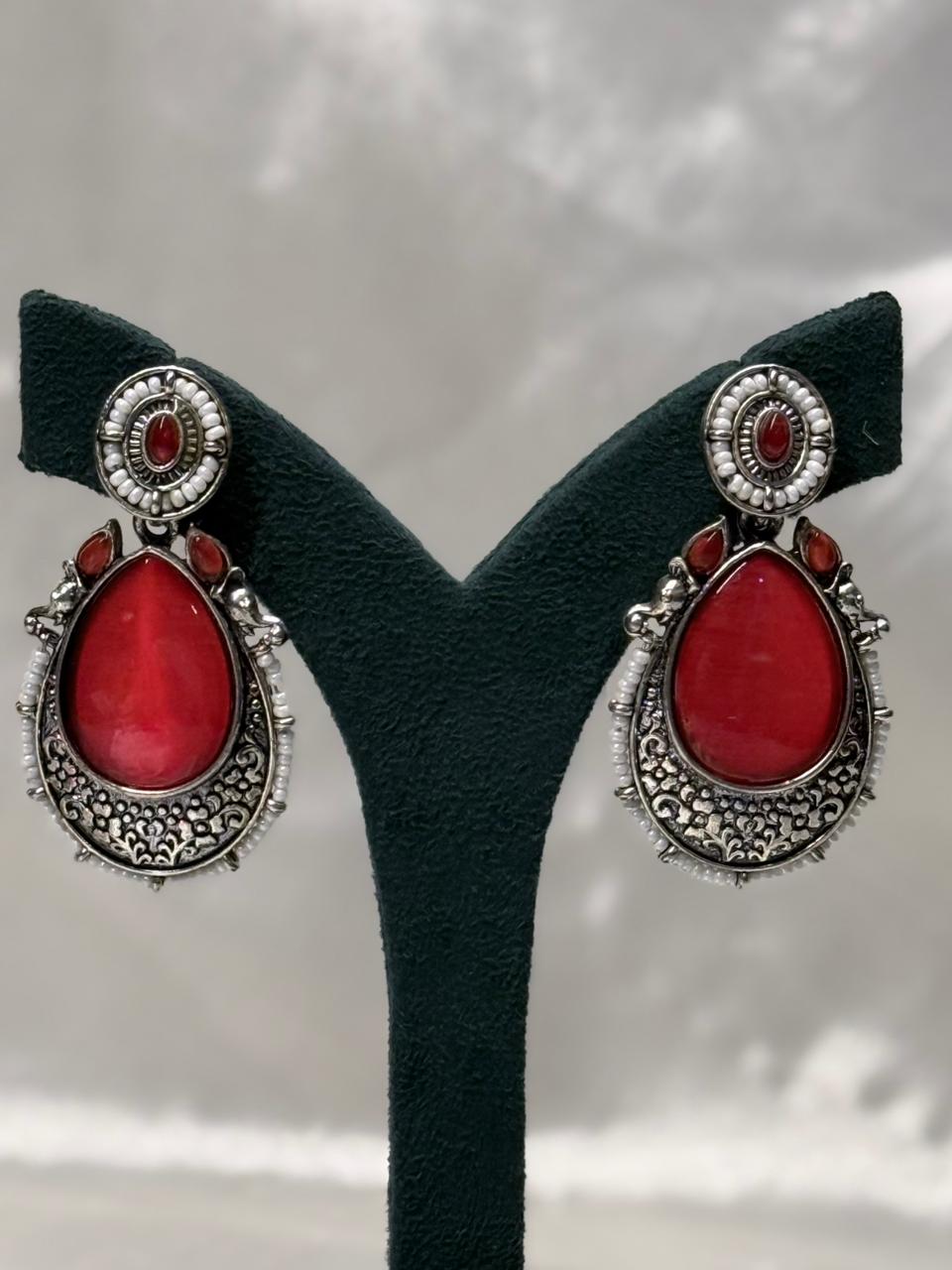 Oxidised Silver Red Stone Drop Earrings with Pearls,llb606