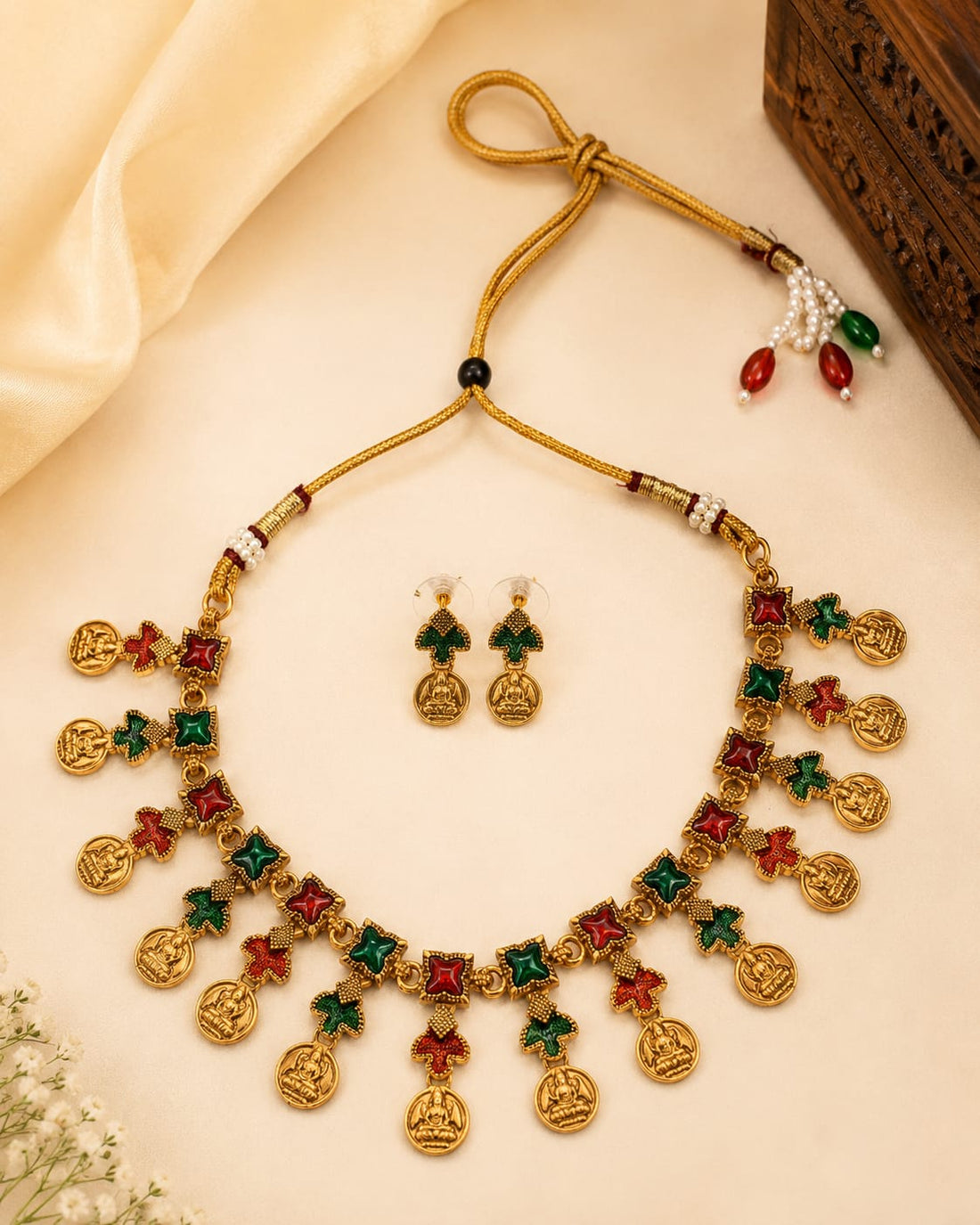 Antique Gold Lakshmi Coin Necklace Set | OL136