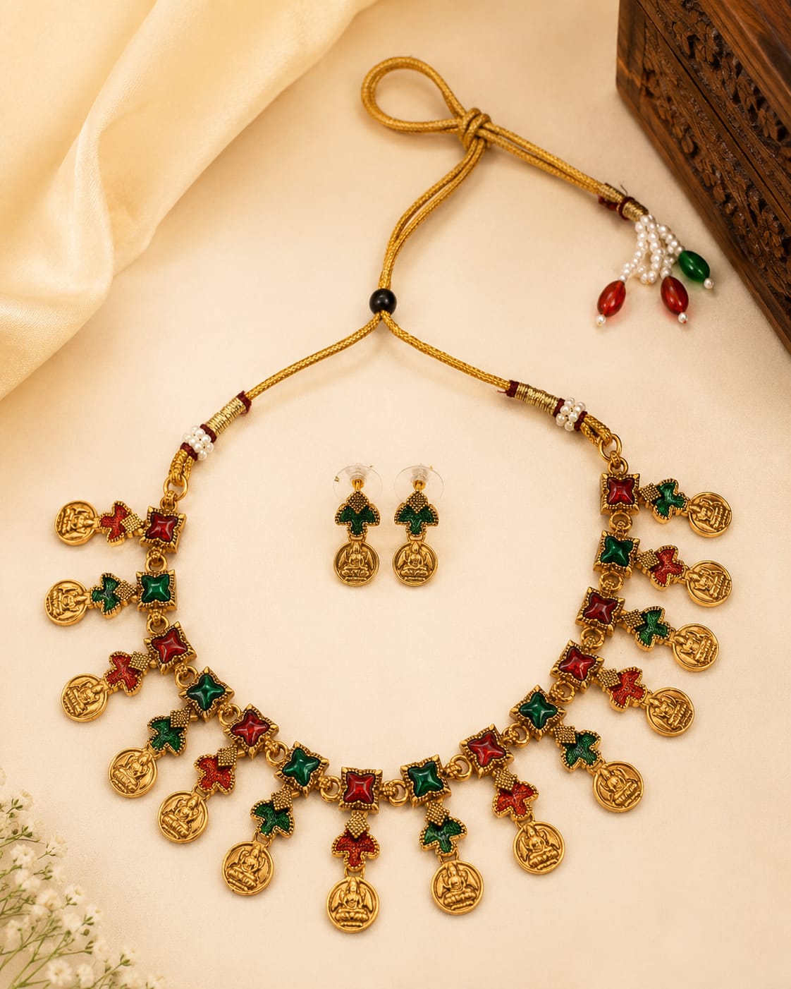 Antique Gold Lakshmi Coin Necklace Set | OL136