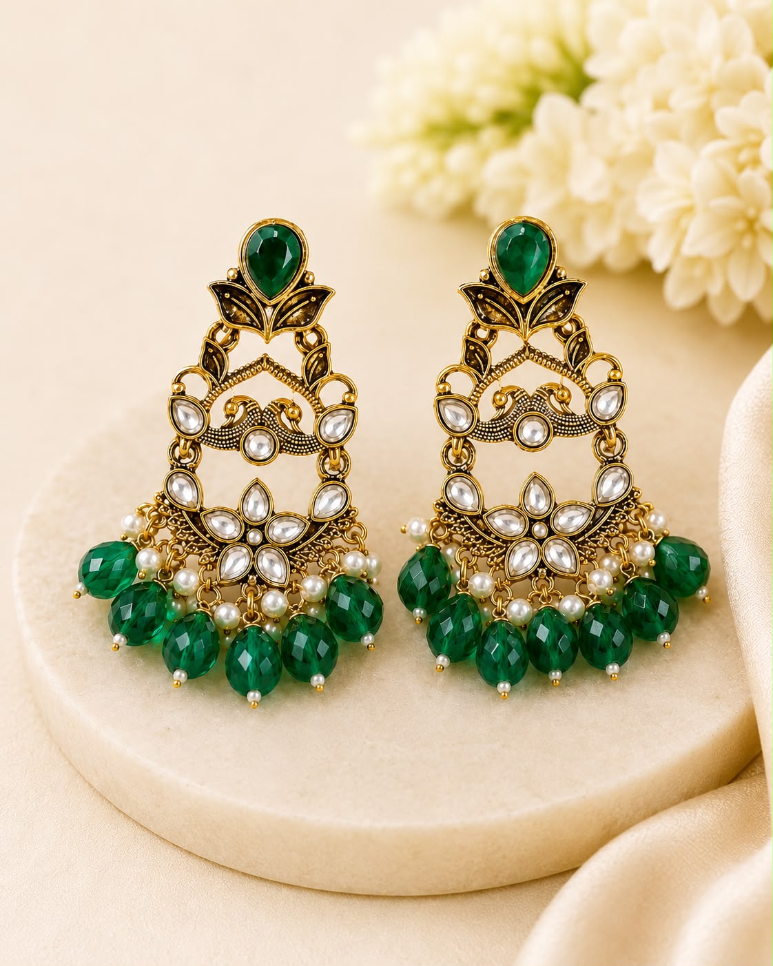 Kundan Emerald Green Peacock Chandbali Earrings | llb0158