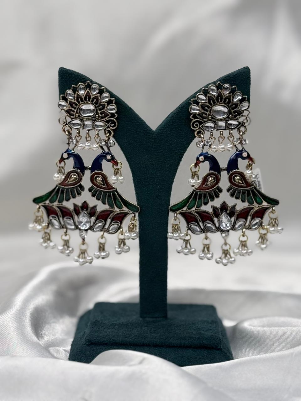Peacock Kundan Chandbali Earrings with pearl drop ,llb587