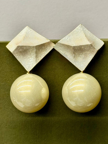 Geometric Gold Stud Earrings with Cream Drop – Modern Statement Jewellery,llb422