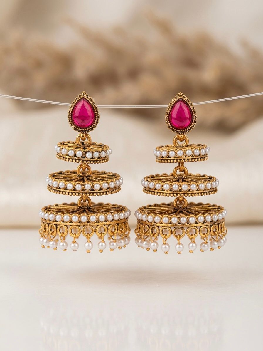 Triple Tier Ruby Pearl Jhumka Earrings | llb0125