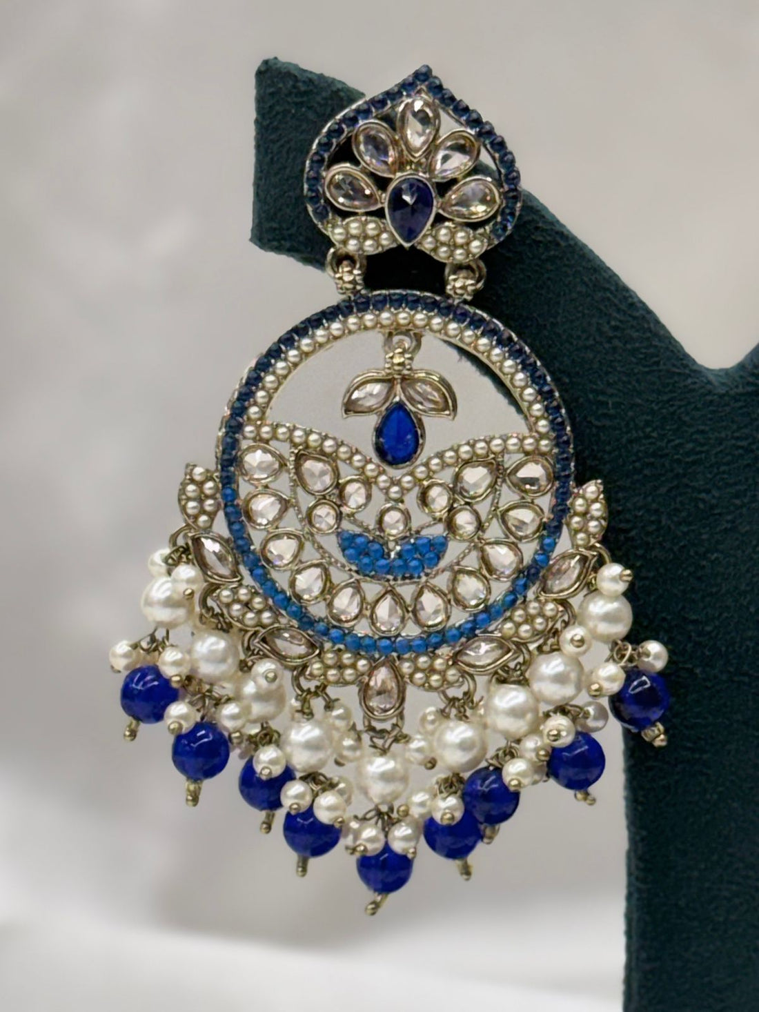 Blue Kundan Chandbali Earrings with Pearl Drops,llb622