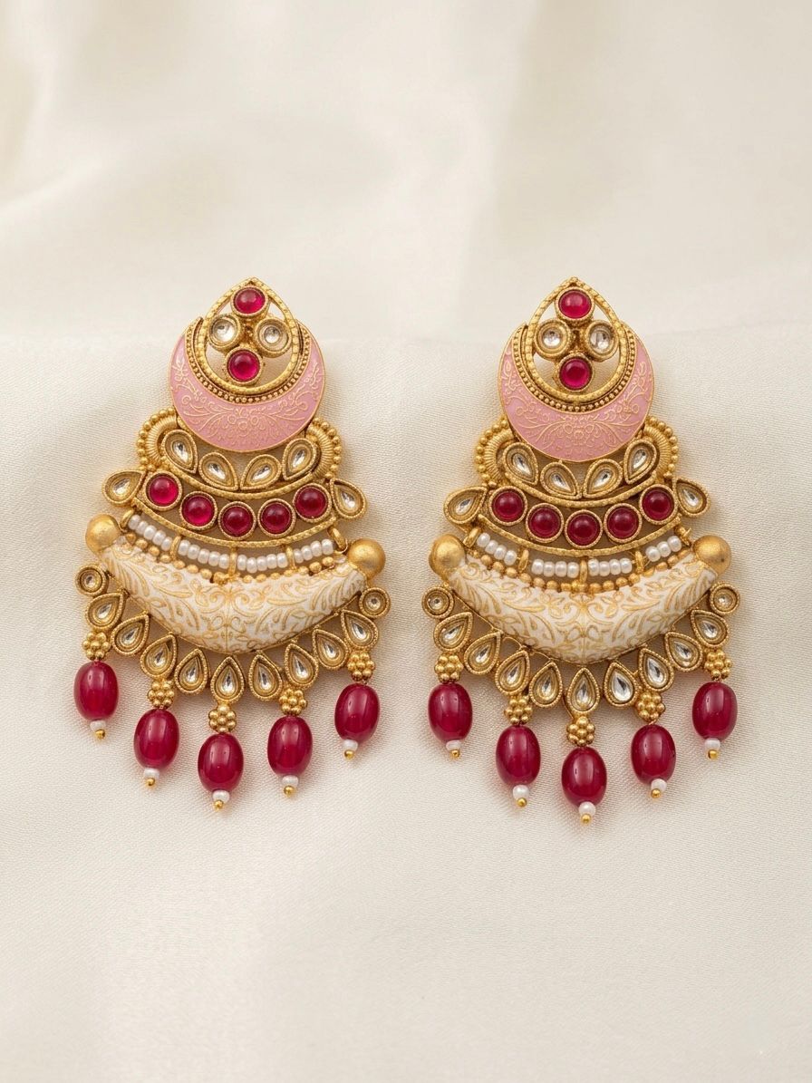 Antique Gold Layered Chandbali Earrings with Pink Meenakari, Kundan & Ruby Drops |llb0104