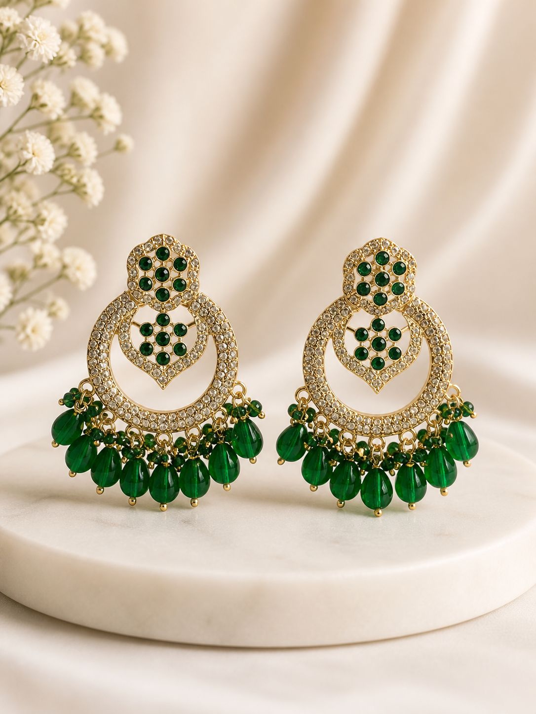 Gold Emerald Green Stone & Teardrop Bead Drop / LLB006