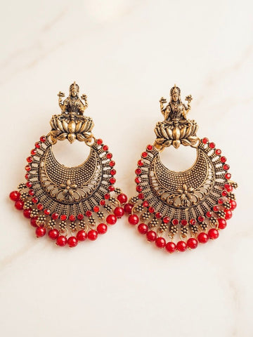 Lakshmi Chandbali Earrings | Antique Gold Red Stone & Bead Drop / LLB003