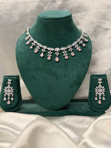 Elegant Silver CZ Necklace Set with Pink Stone Drops,llb333