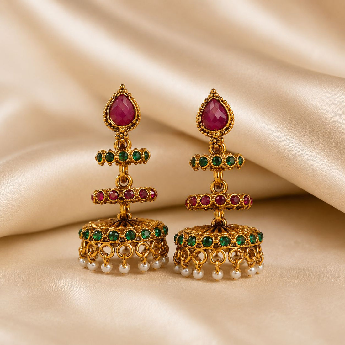 Ruby Emerald Kundan Jhumka Earrings with Pearl Drops | llb0126