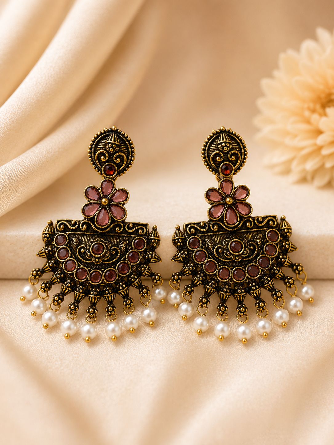 Antique Gold Chandbali Earrings with Ruby Stones & Pearl Drops | llb037