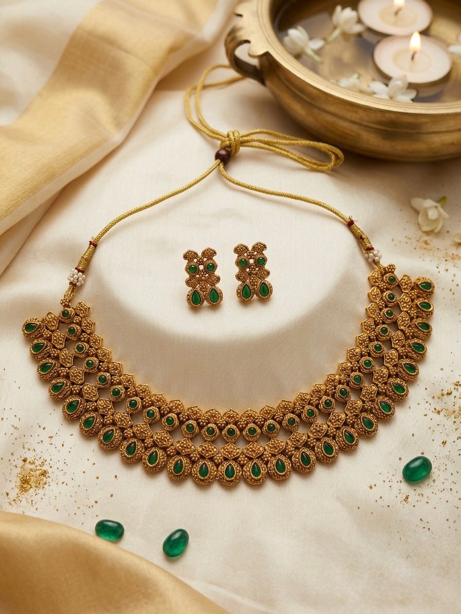 Antique Gold Emerald Stone Layered Choker Necklace Set | OL164