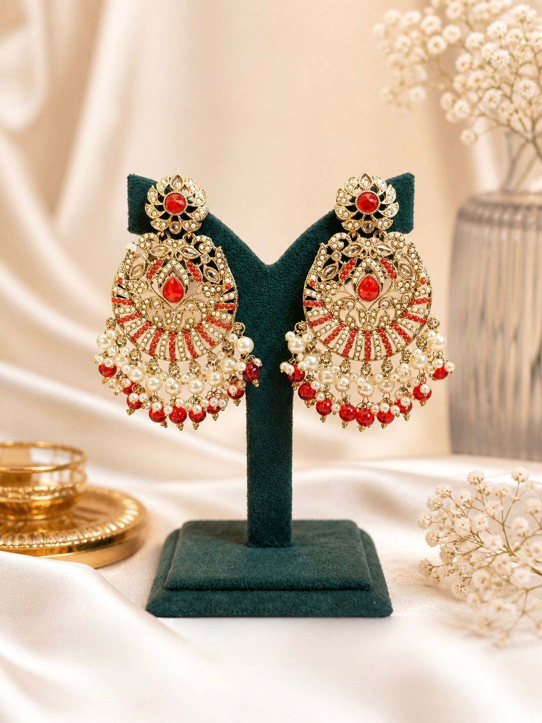 Red Kundan Chandbali Earrings with Pearl & Coral Drops | Llabel Fashion / llb996