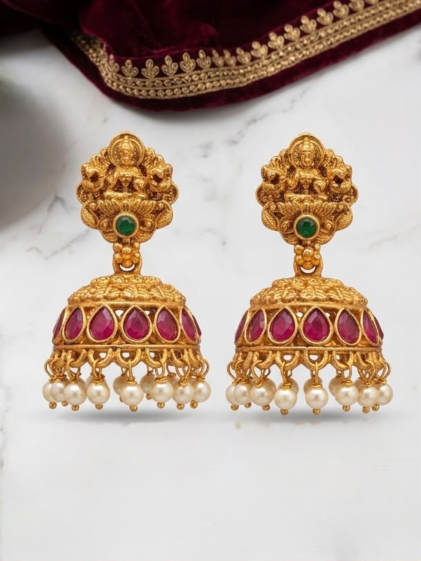 Temple Lakshmi Ruby Teardrop Jhumka Earrings with Pearl Drops | LLB0171