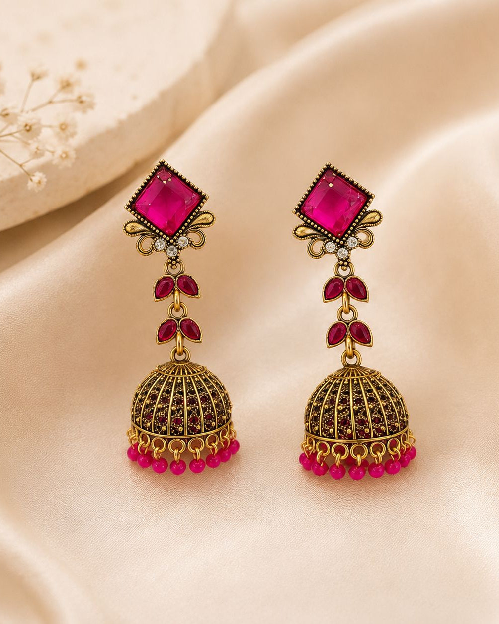 Pink Ruby Square Stud Jhumka Earrings | llb0143