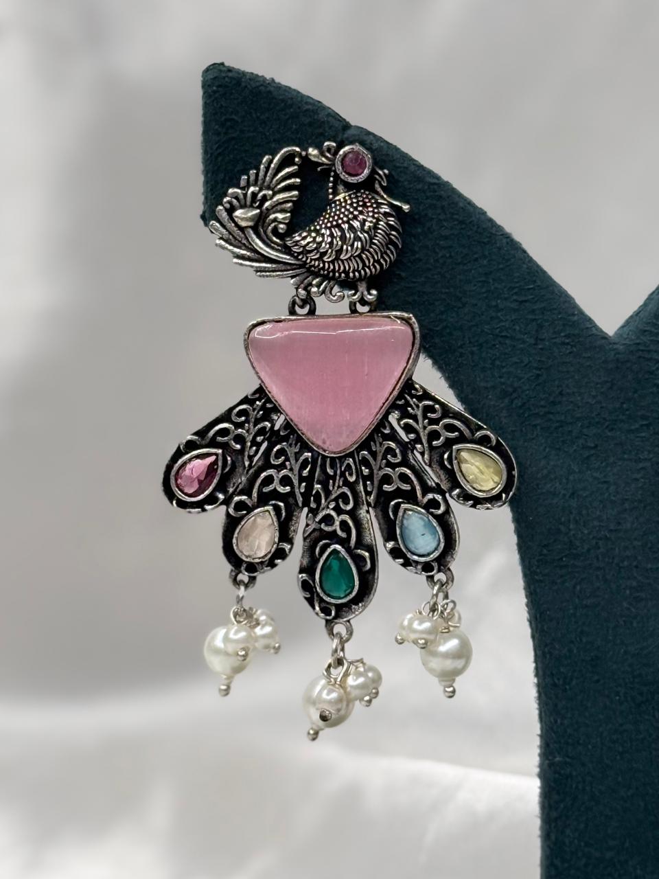 Oxidized Silver Peacock Earrings with Pink Stone & Pearl Drops,llb591