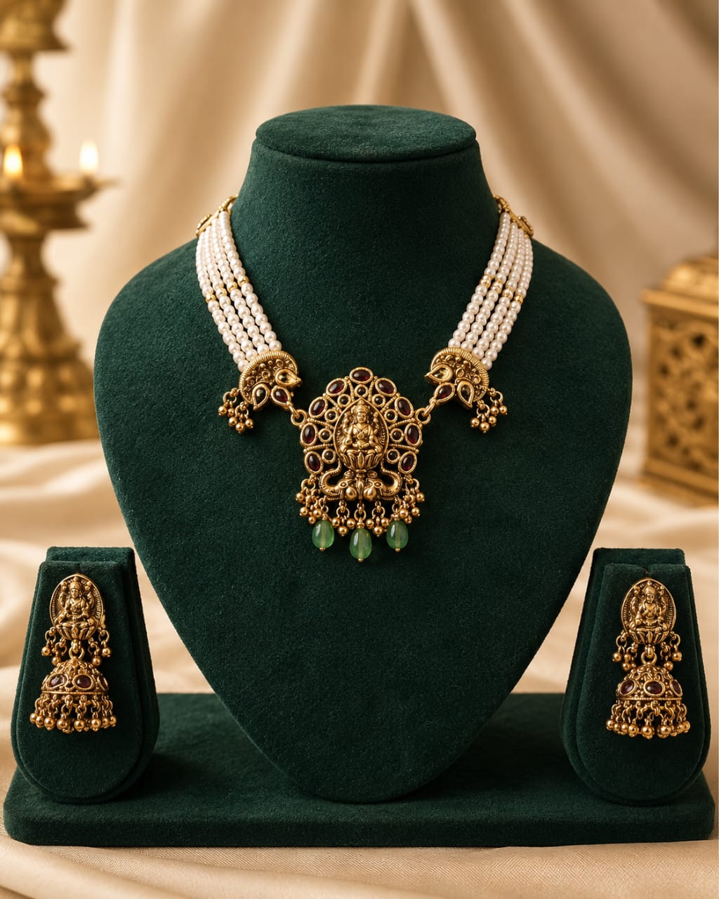 Antique Gold Nakshi Lakshmi Pearl Strand Necklace Set | OL186