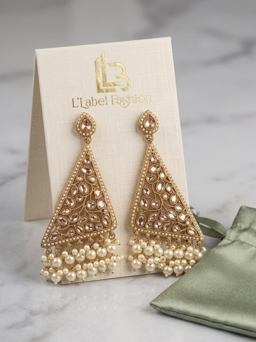 Gold Polki Triangle Earrings with Pearl Drops |llb0154