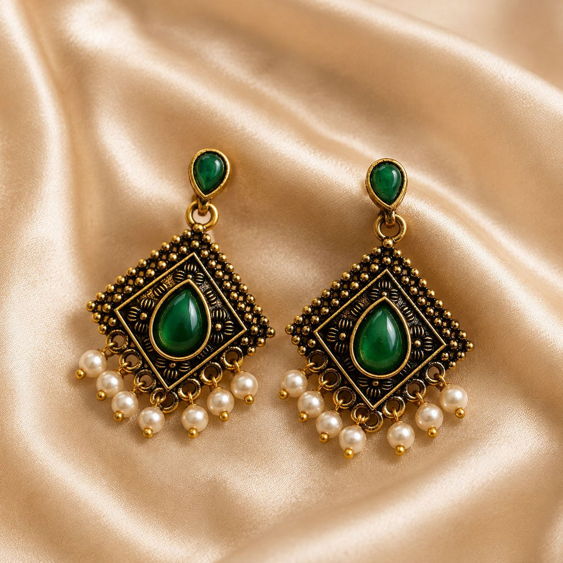 Emerald Green Square Chandbali Earrings with Pearl Drops | llb0127