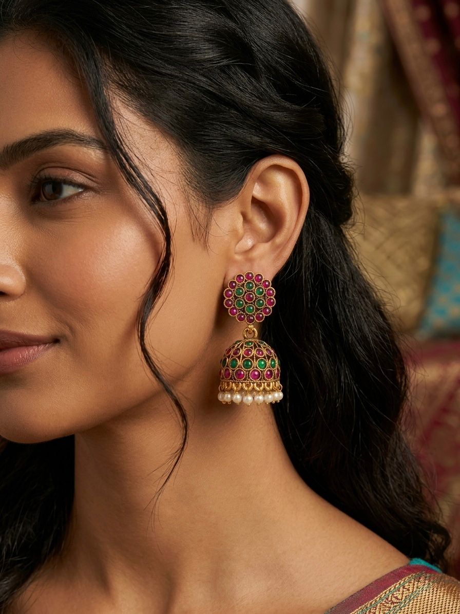 Antique Gold Jhumka Earrings | Ruby Emerald Kemp Stone & Pearl Drops | llb0139