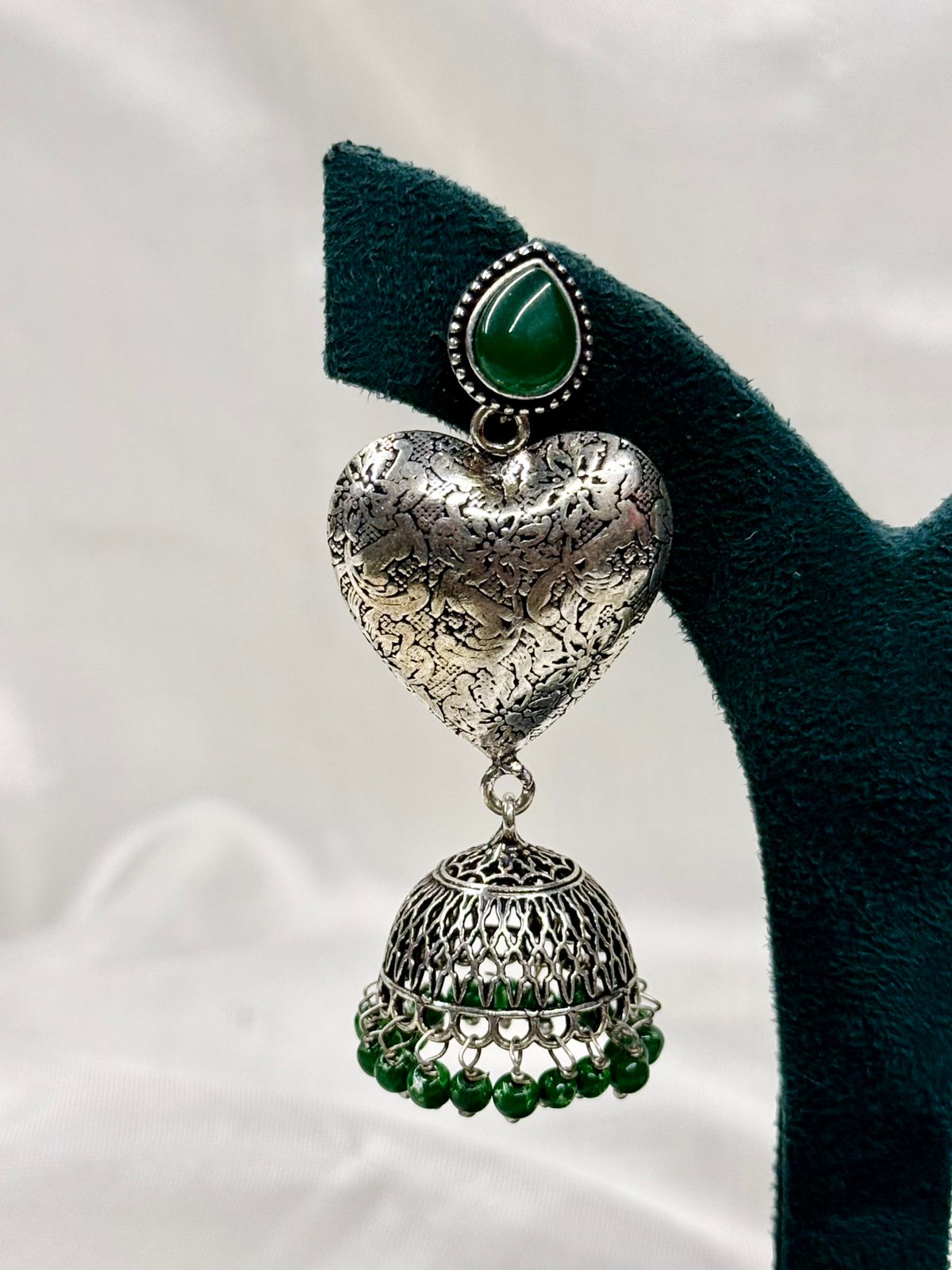 Oxidised Silver Heart Jhumka Earrings with Green Stone,llb442