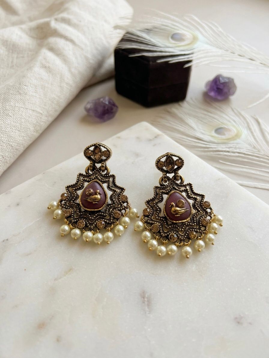 Oxidised Gold Duck Motif Chandbali Earrings with Mauve Stone & Pearl Drops |llb0107