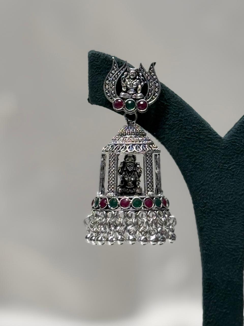 Oxidised Silver Lakshmi Jhumka Earrings with Ruby,llb600