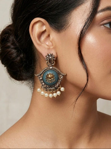 Teal Lotus Meenakari Earrings | llb0121