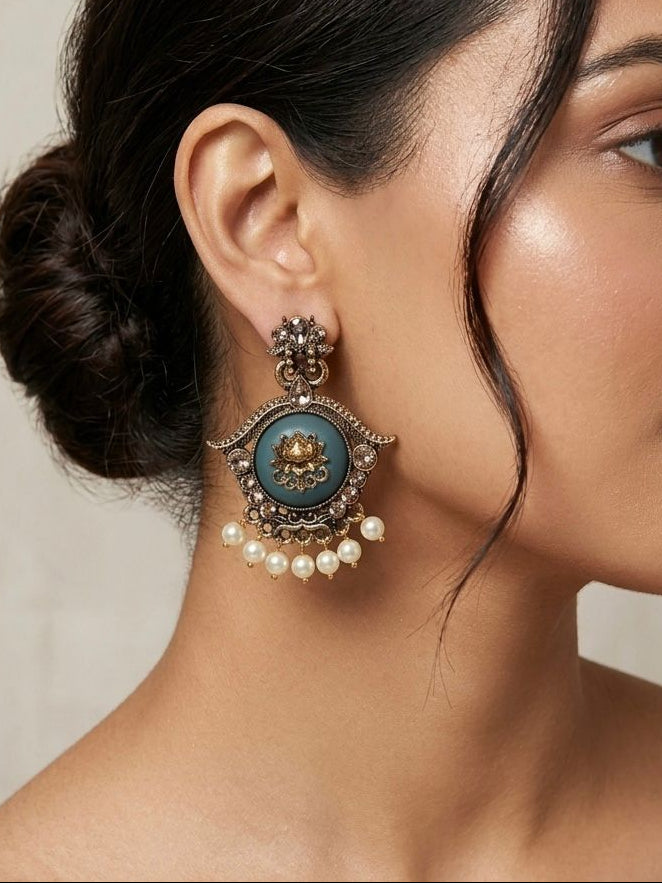 Teal Lotus Meenakari Earrings | llb0121