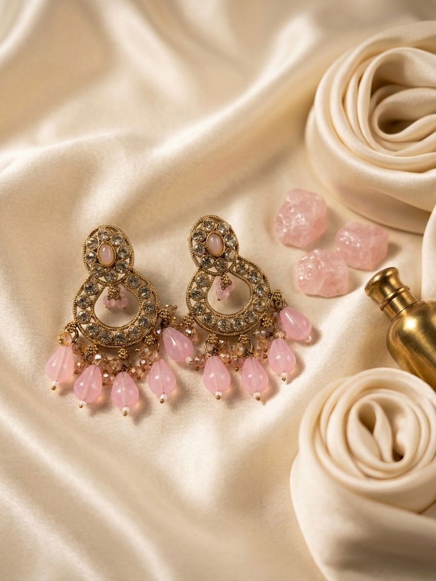 Kundan Chandbali Earrings with Pink Bead Drops | llb039