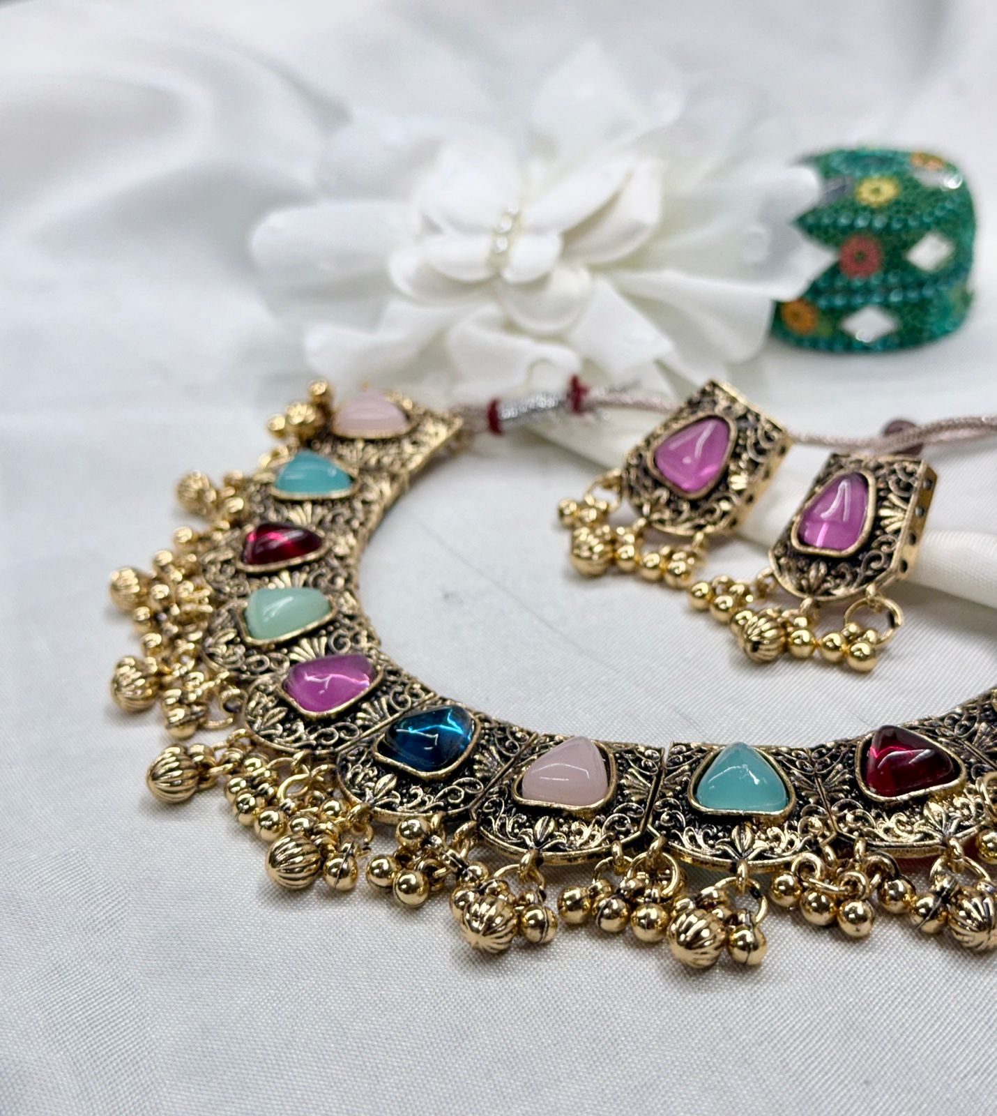 Antique Gold Multicolor Stone Necklace Set with Jhumka Drops,llb450
