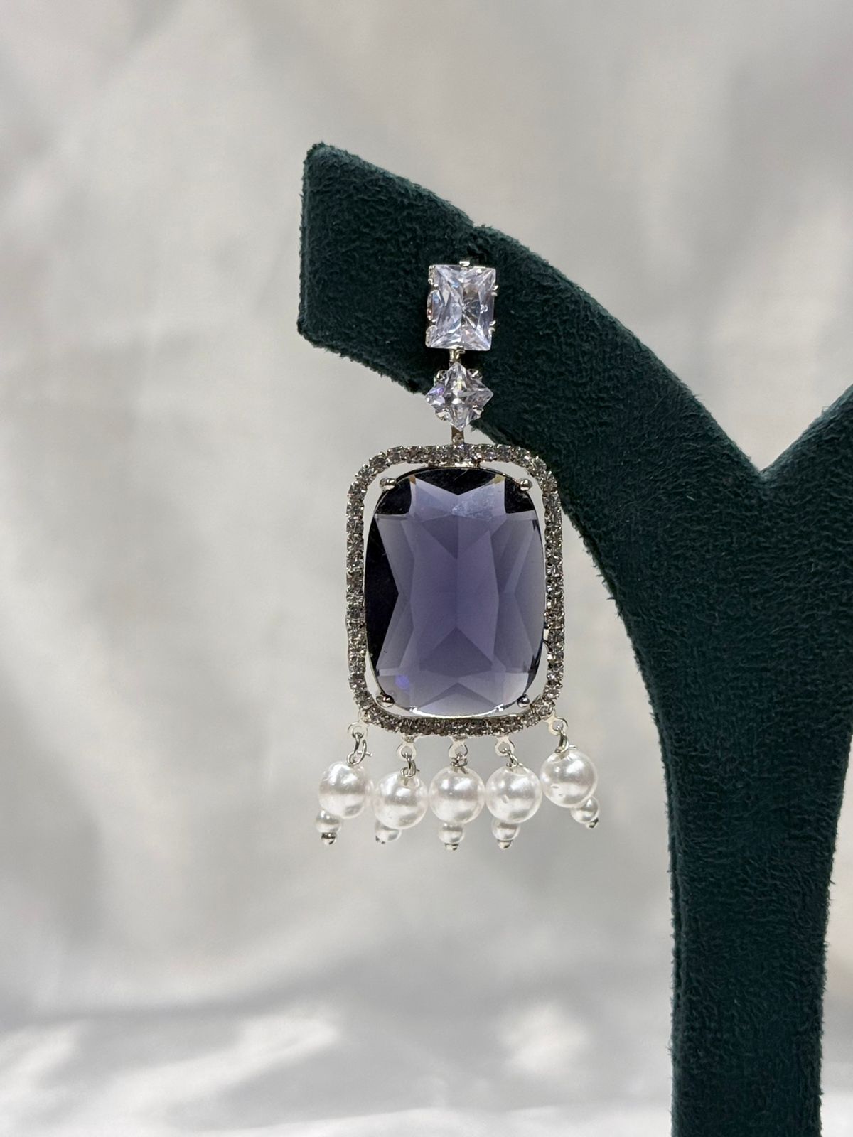 Dark Blue Stone Crystal Earrings with Pearl Drops,llb564