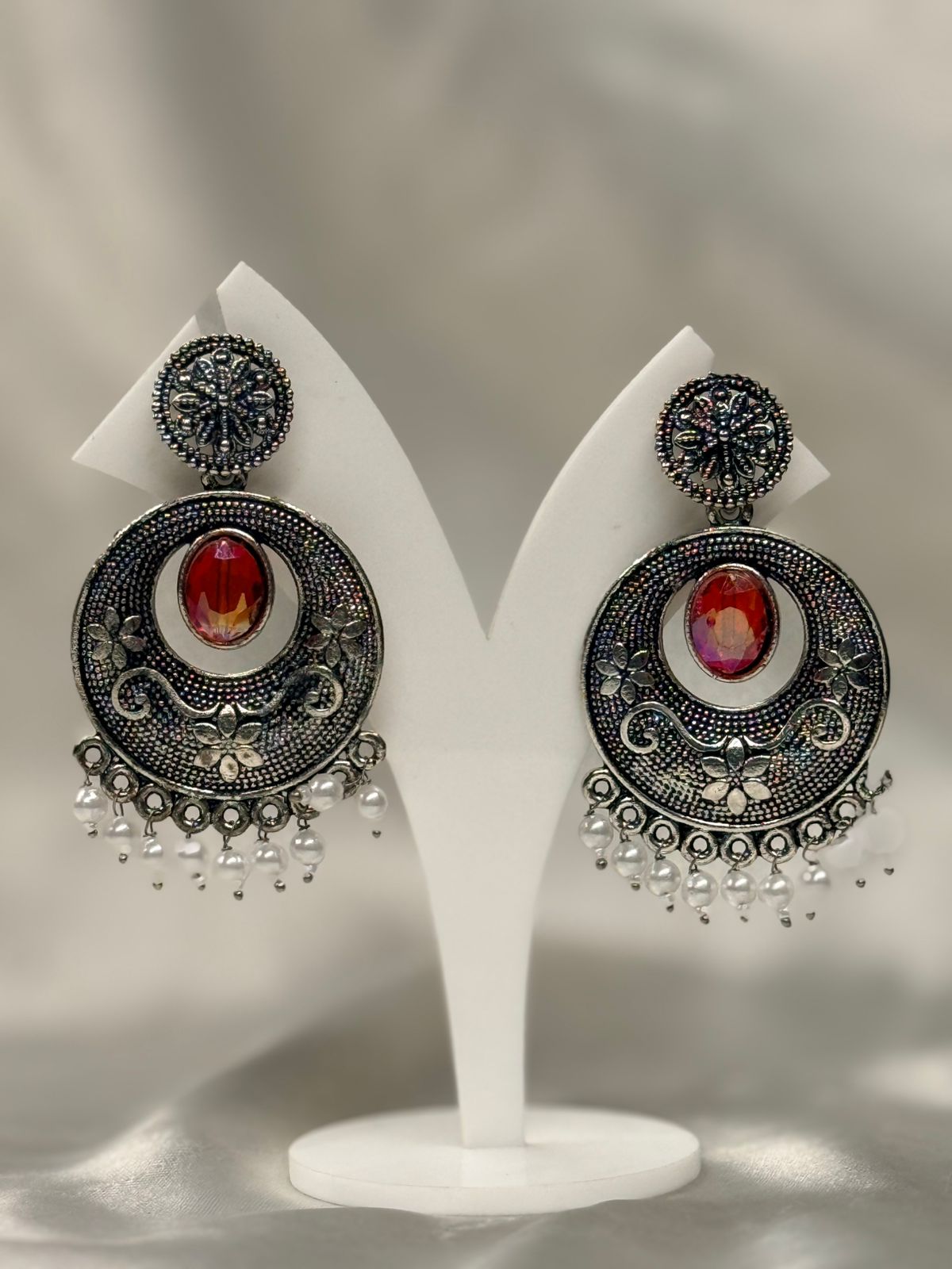 Oxidised Silver Red Stone Chandbali Earrings with Pearl Drops,llb644