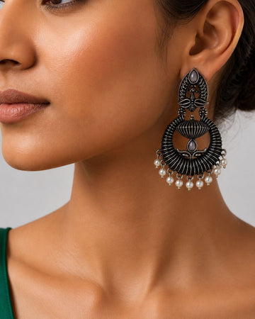 Oxidised Silver Chandbali Earrings with Pearl Drops | llb036