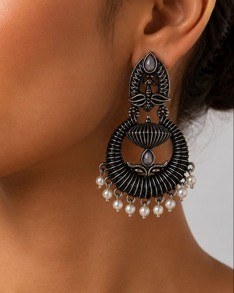 Oxidised Silver Chandbali Earrings with Pearl Drops | llb036