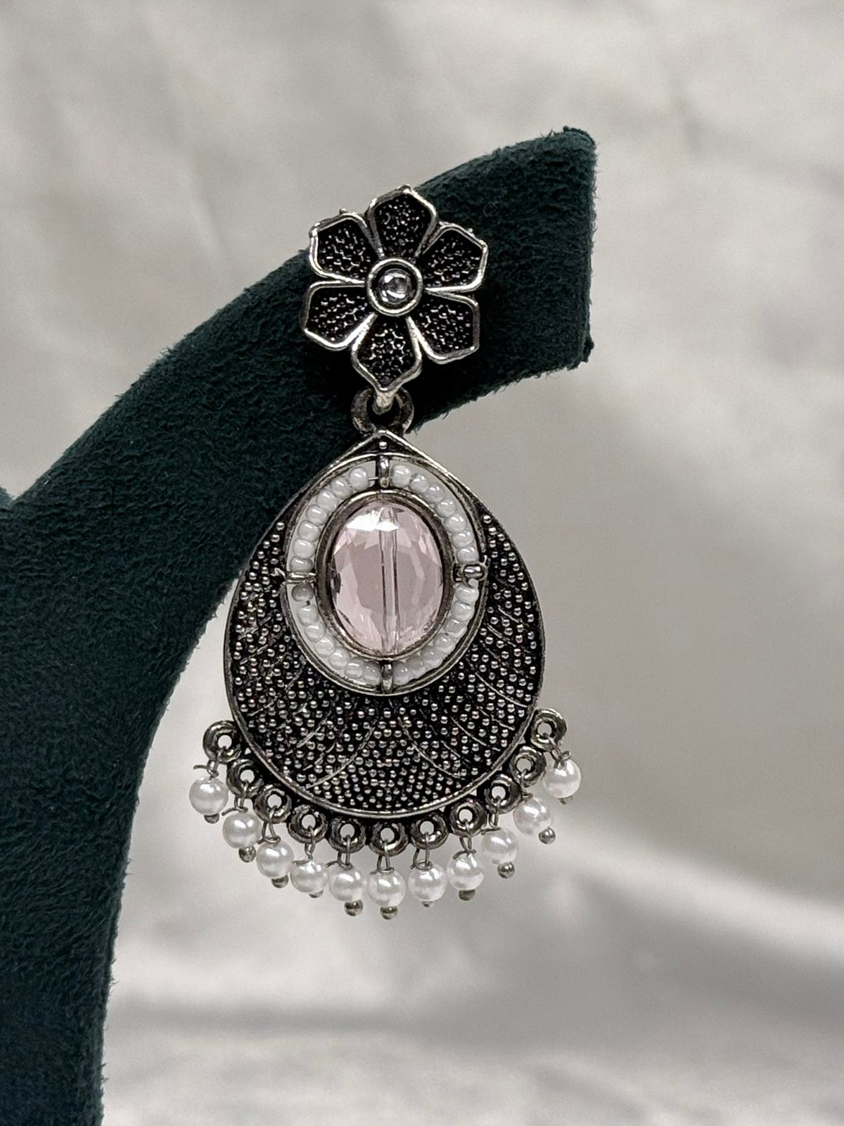 Oxidised Silver Drop Earrings with Stone & Pearl Hangings,llb 618