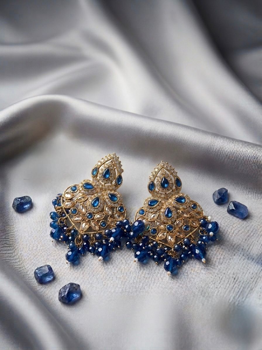 Gold Tone Kundan Earrings with Blue Stones & Bead Drops | llb041